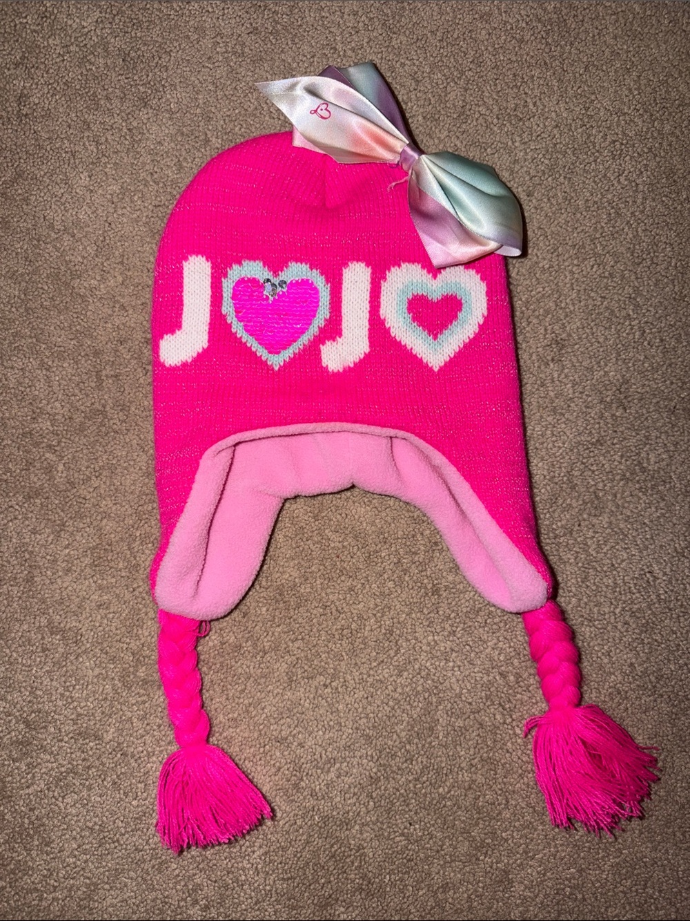 Nickelodeon Hot Pink Heart Earflap Beanie with Pastel Bow